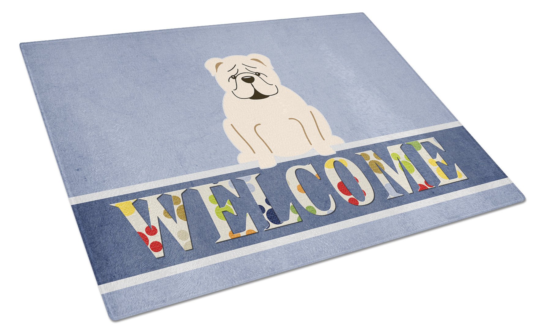 English Bulldog White Welcome Cutting Board Tempered Glass Kitchen Cutting Surface, Heat Resistant Chopping, Non-Slip Feet, Food Prep & Serving