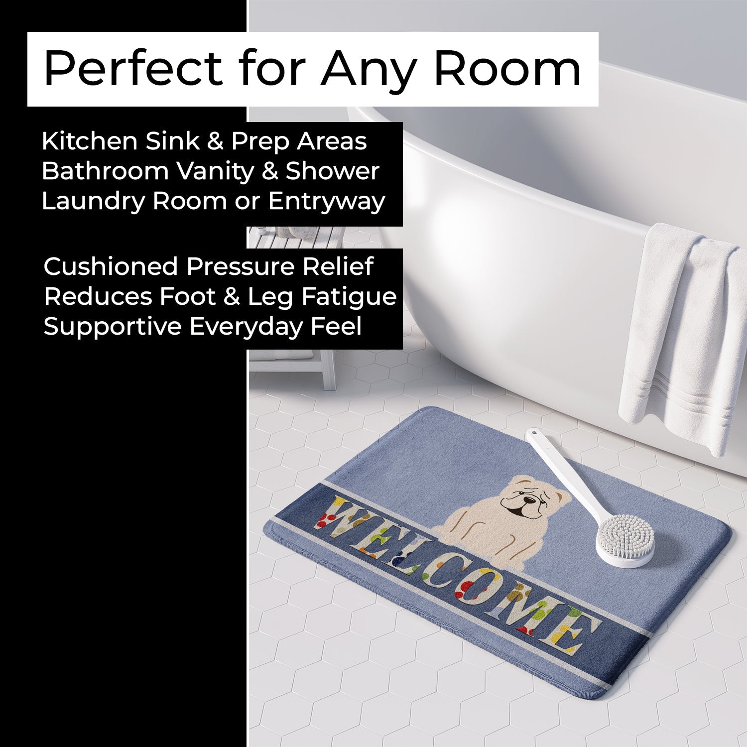 English Bulldog White Welcome Memory Foam Kitchen Mat Machine Washable Anti-Fatigue Cushion Comfort Bath or Kitchen Rug