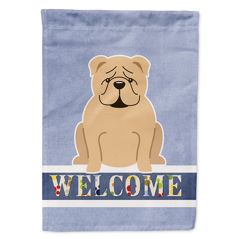 English Bulldog Fawn Welcome House Flag 28x40 Porch Sleeve Pole Decorative Outside Yard Banner Artwork Wall Hanging, Polyester