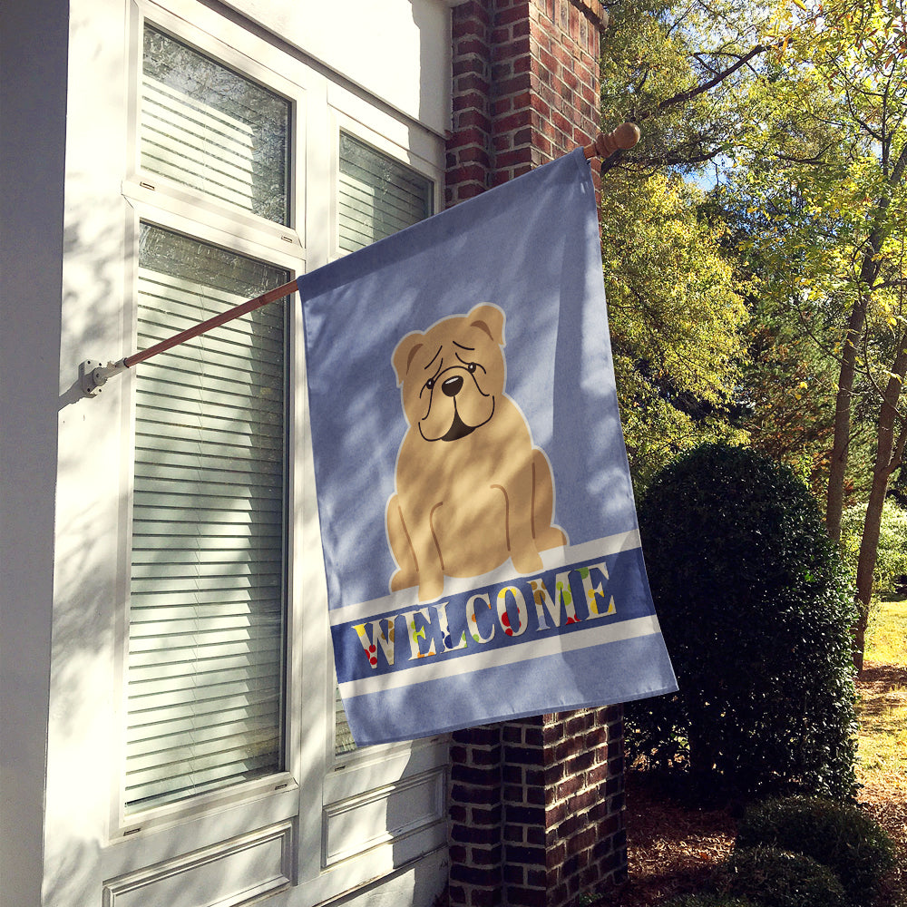 English Bulldog Fawn Welcome House Flag 28x40 Porch Sleeve Pole Decorative Outside Yard Banner Artwork Wall Hanging, Polyester