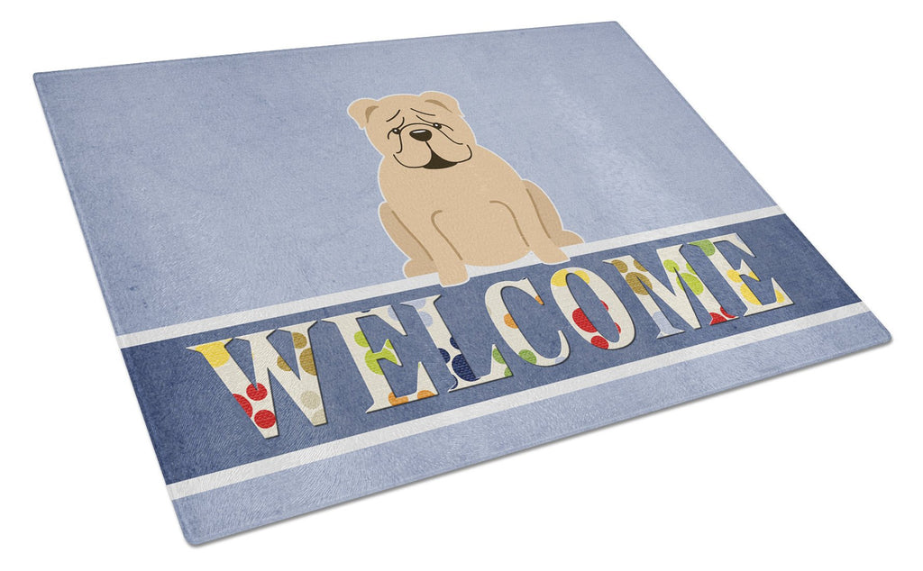 English Bulldog Fawn Welcome Cutting Board Tempered Glass Kitchen Cutting Surface, Heat Resistant Chopping, Non-Slip Feet, Food Prep & Serving