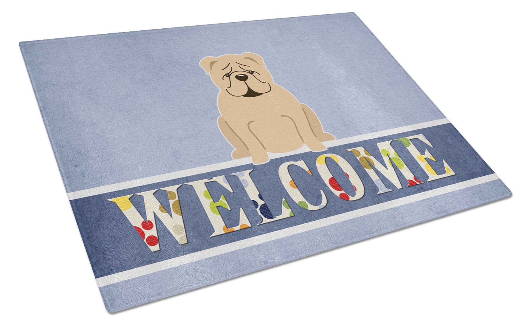 English Bulldog Fawn Welcome Cutting Board Tempered Glass Kitchen Cutting Surface, Heat Resistant Chopping, Non-Slip Feet, Food Prep & Serving