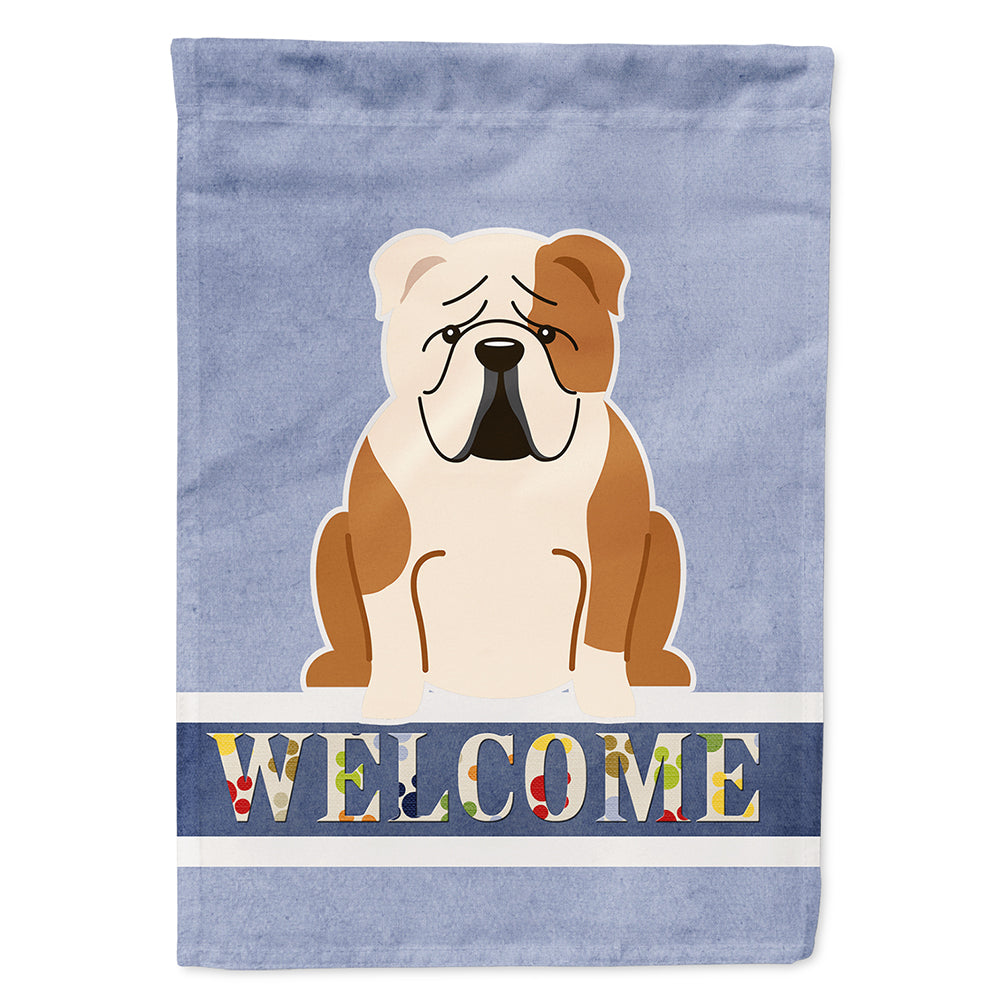 English Bulldog Fawn White Welcome House Flag 28x40 Porch Sleeve Pole Decorative Outside Yard Banner Artwork Wall Hanging, Polyester