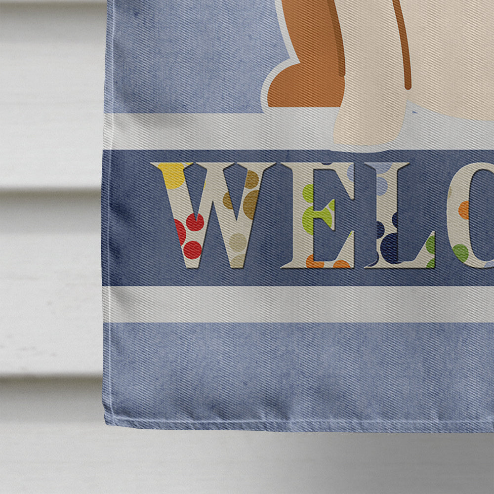 English Bulldog Fawn White Welcome House Flag 28x40 Porch Sleeve Pole Decorative Outside Yard Banner Artwork Wall Hanging, Polyester