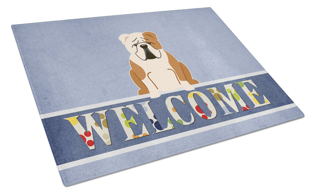 English Bulldog Fawn White Welcome Cutting Board Tempered Glass Kitchen Cutting Surface, Heat Resistant Chopping, Non-Slip Feet, Food Prep & Serving