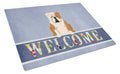 English Bulldog Fawn White Welcome Cutting Board Tempered Glass Kitchen Cutting Surface, Heat Resistant Chopping, Non-Slip Feet, Food Prep & Serving