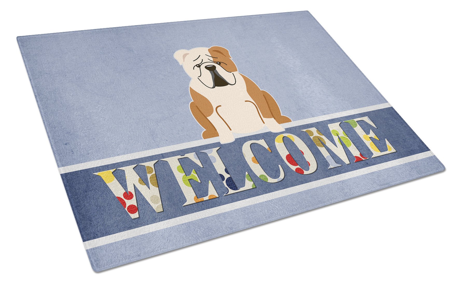 English Bulldog Fawn White Welcome Cutting Board Tempered Glass Kitchen Cutting Surface, Heat Resistant Chopping, Non-Slip Feet, Food Prep & Serving