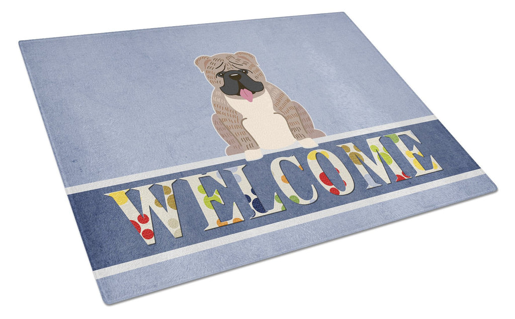 English Bulldog Grey Brindle  Welcome Cutting Board Tempered Glass Kitchen Cutting Surface, Heat Resistant Chopping, Non-Slip Feet, Food Prep & Serving