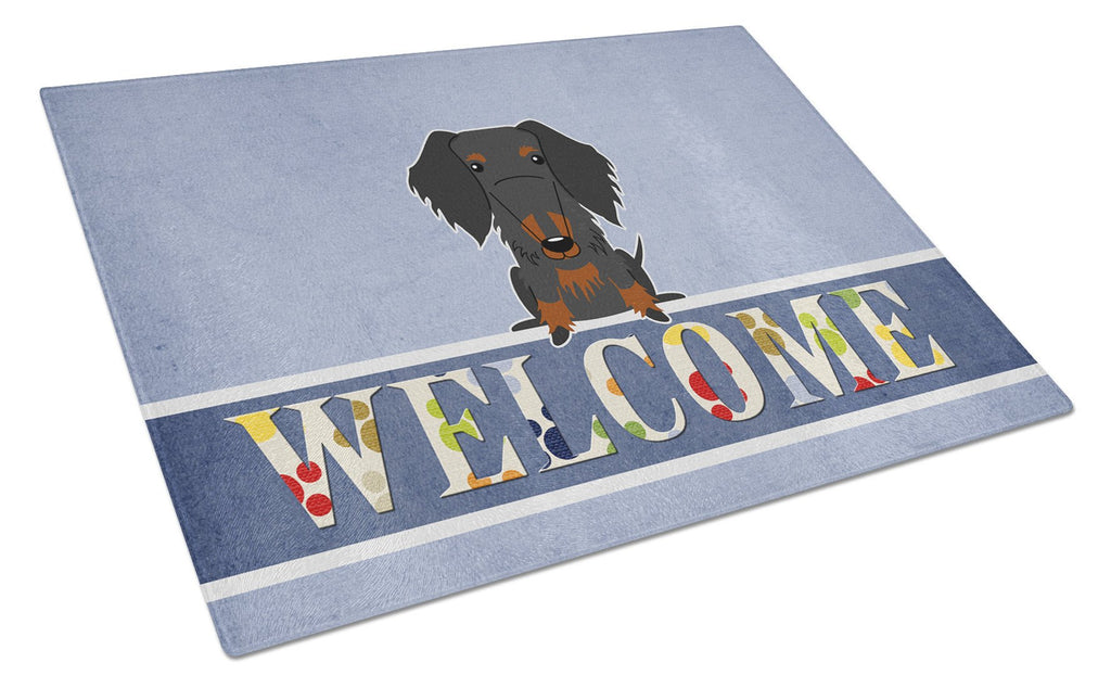 Wire Haired Dachshund Black Tan Welcome Cutting Board Tempered Glass Kitchen Cutting Surface, Heat Resistant Chopping, Non-Slip Feet, Food Prep & Serving