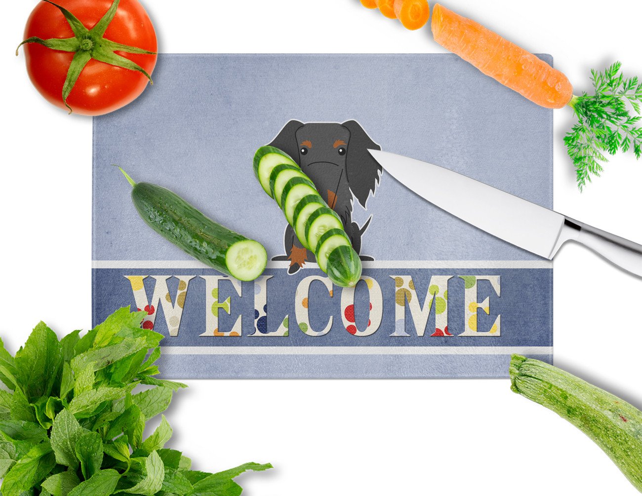 Wire Haired Dachshund Black Tan Welcome Cutting Board Tempered Glass Kitchen Cutting Surface, Heat Resistant Chopping, Non-Slip Feet, Food Prep & Serving