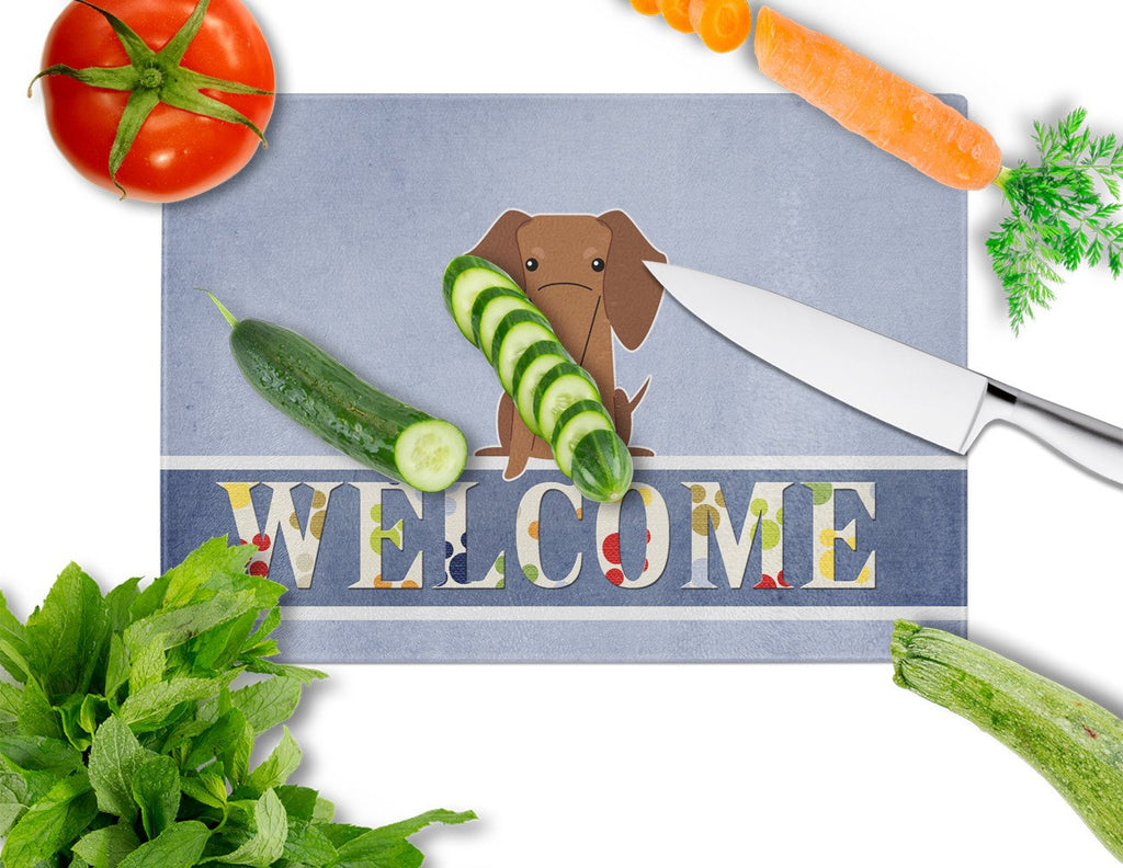 Dachshund Red Brown Welcome Cutting Board Tempered Glass Kitchen Cutting Surface, Heat Resistant Chopping, Non-Slip Feet, Food Prep & Serving