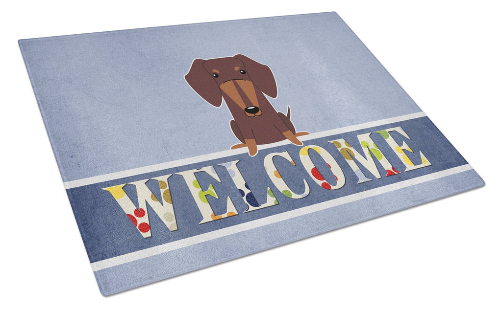 Dachshund Chocolate Welcome Cutting Board Tempered Glass Kitchen Cutting Surface, Heat Resistant Chopping, Non-Slip Feet, Food Prep & Serving