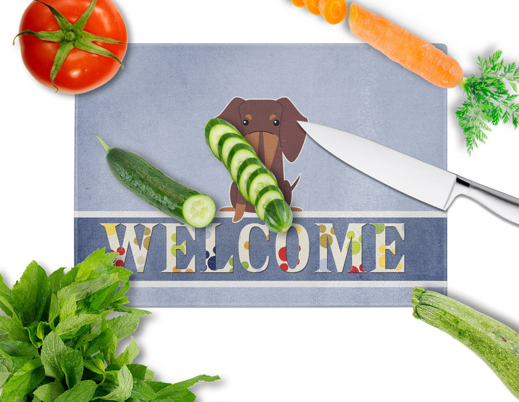 Dachshund Chocolate Welcome Cutting Board Tempered Glass Kitchen Cutting Surface, Heat Resistant Chopping, Non-Slip Feet, Food Prep & Serving