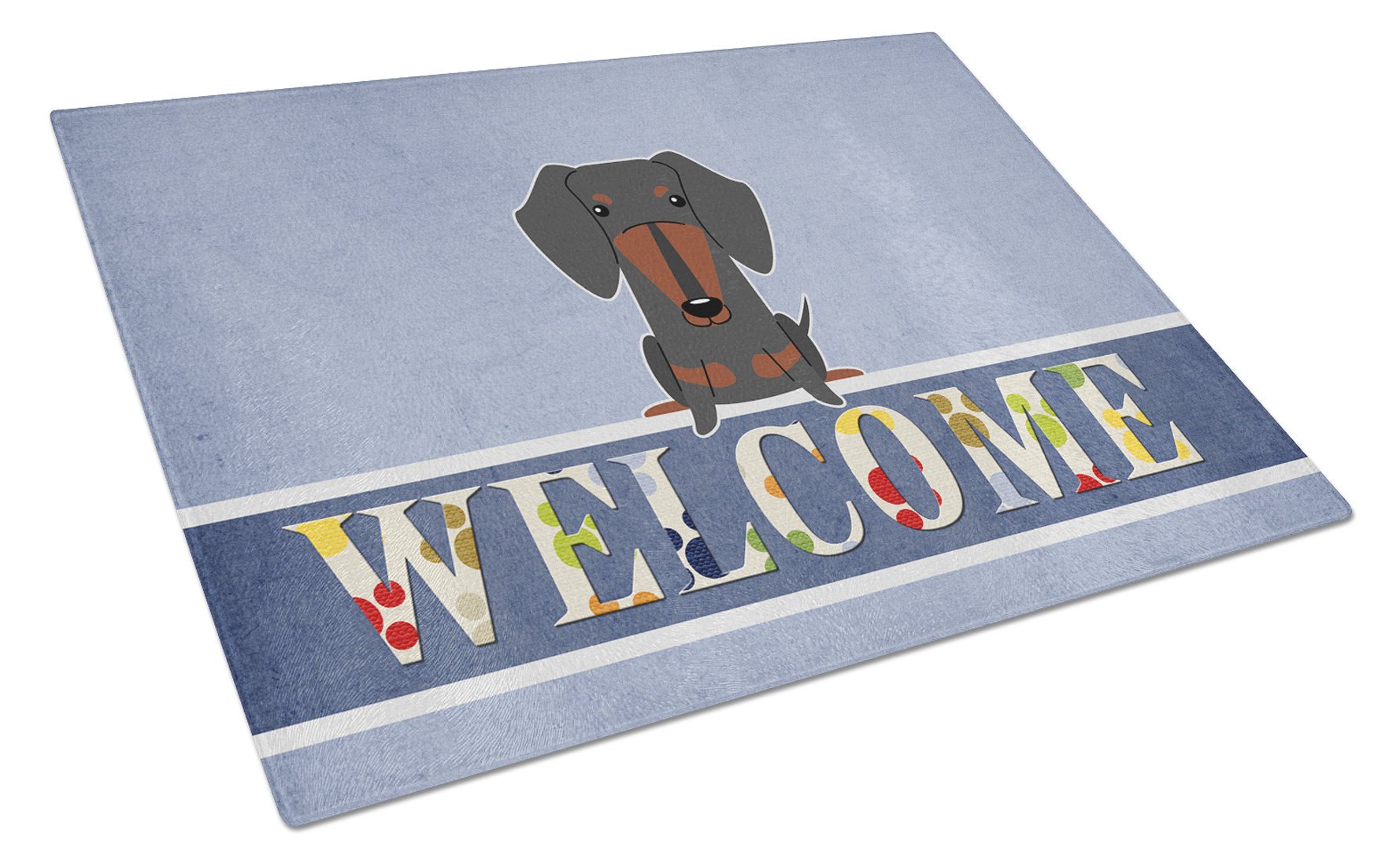 Dachshund Black Tan Welcome Cutting Board Tempered Glass Kitchen Cutting Surface, Heat Resistant Chopping, Non-Slip Feet, Food Prep & Serving