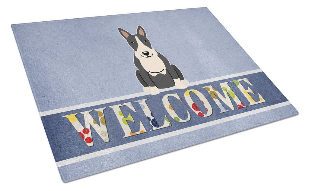 Bull Terrier Black White Welcome Cutting Board Tempered Glass Kitchen Cutting Surface, Heat Resistant Chopping, Non-Slip Feet, Food Prep & Serving