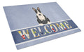 Bull Terrier Black White Welcome Cutting Board Tempered Glass Kitchen Cutting Surface, Heat Resistant Chopping, Non-Slip Feet, Food Prep & Serving