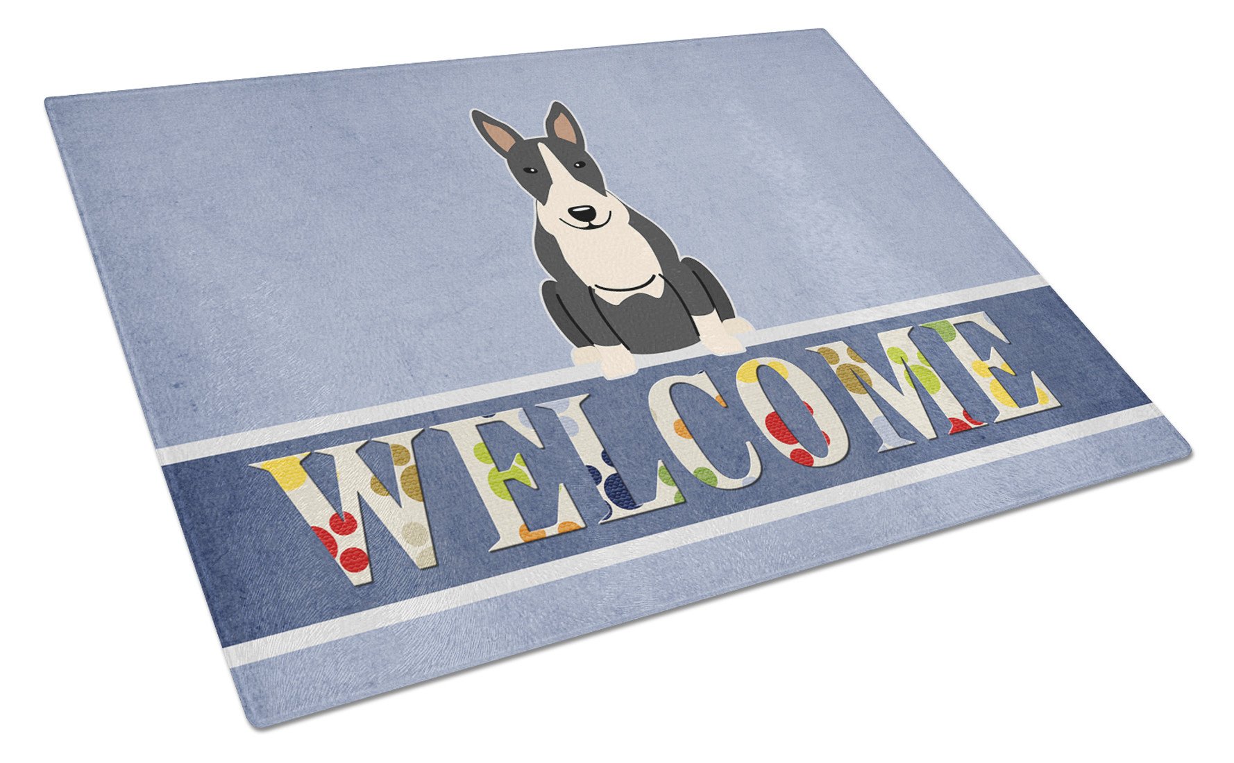 Bull Terrier Black White Welcome Cutting Board Tempered Glass Kitchen Cutting Surface, Heat Resistant Chopping, Non-Slip Feet, Food Prep & Serving