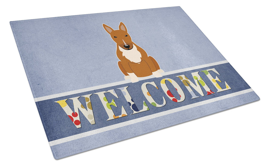 Bull Terrier Red Welcome Cutting Board Tempered Glass Kitchen Cutting Surface, Heat Resistant Chopping, Non-Slip Feet, Food Prep & Serving