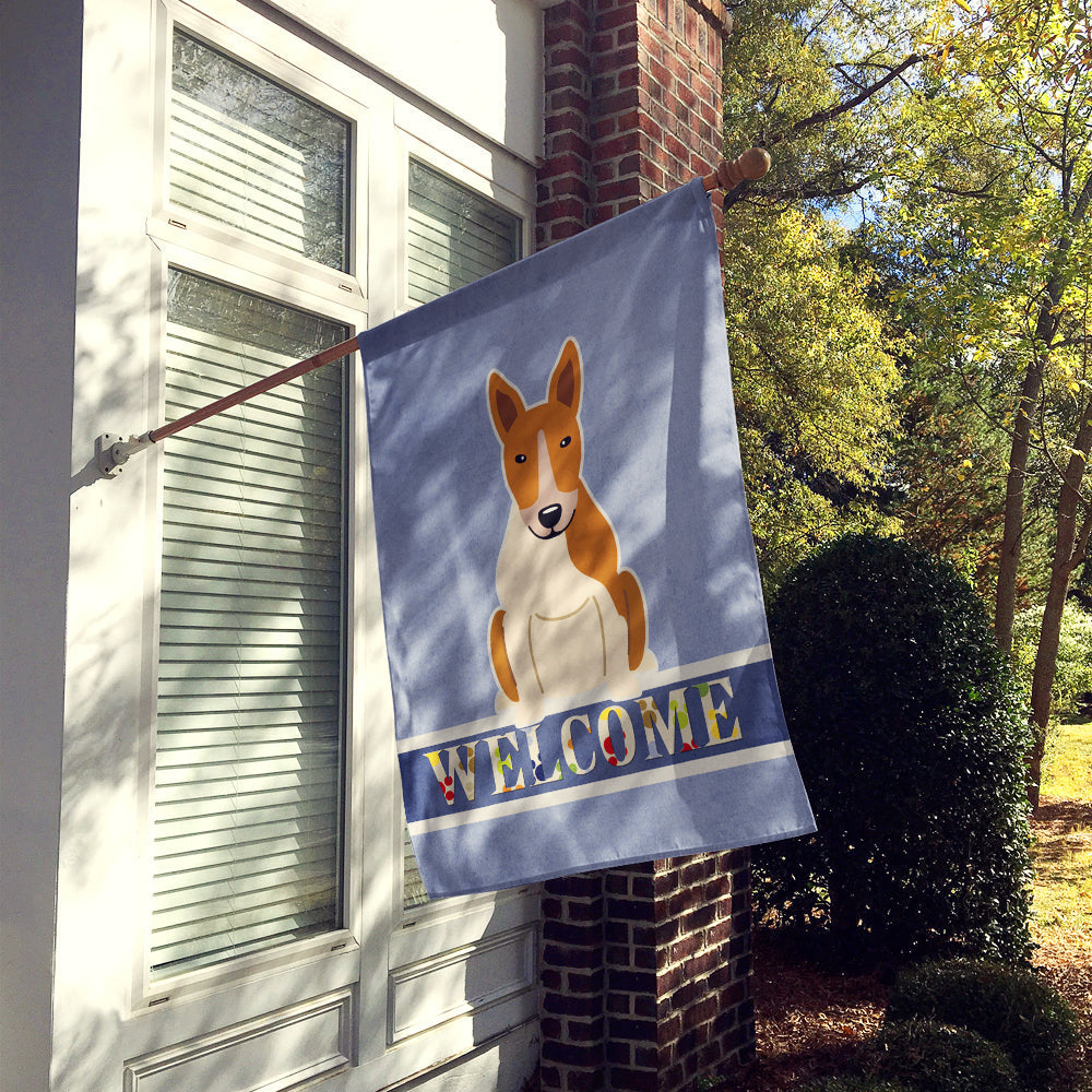 Bull Terrier Red White Welcome House Flag 28x40 Porch Sleeve Pole Decorative Outside Yard Banner Artwork Wall Hanging, Polyester