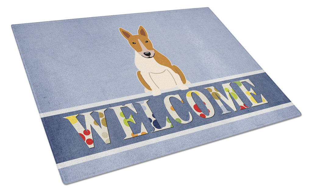 Bull Terrier Red White Welcome Cutting Board Tempered Glass Kitchen Cutting Surface, Heat Resistant Chopping, Non-Slip Feet, Food Prep & Serving