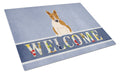 Bull Terrier Red White Welcome Cutting Board Tempered Glass Kitchen Cutting Surface, Heat Resistant Chopping, Non-Slip Feet, Food Prep & Serving