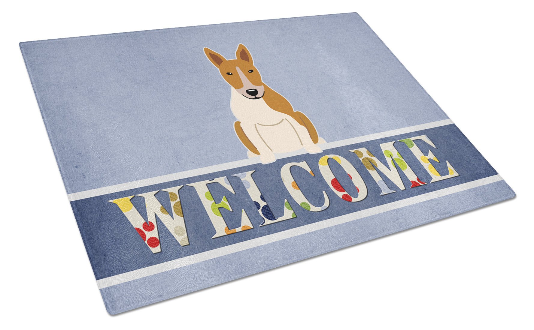 Bull Terrier Red White Welcome Cutting Board Tempered Glass Kitchen Cutting Surface, Heat Resistant Chopping, Non-Slip Feet, Food Prep & Serving