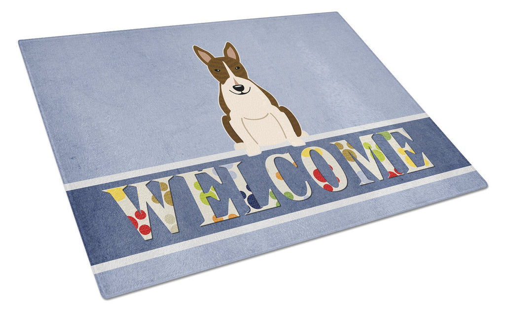Bull Terrier Dark Brindle Welcome Cutting Board Tempered Glass Kitchen Cutting Surface, Heat Resistant Chopping, Non-Slip Feet, Food Prep & Serving