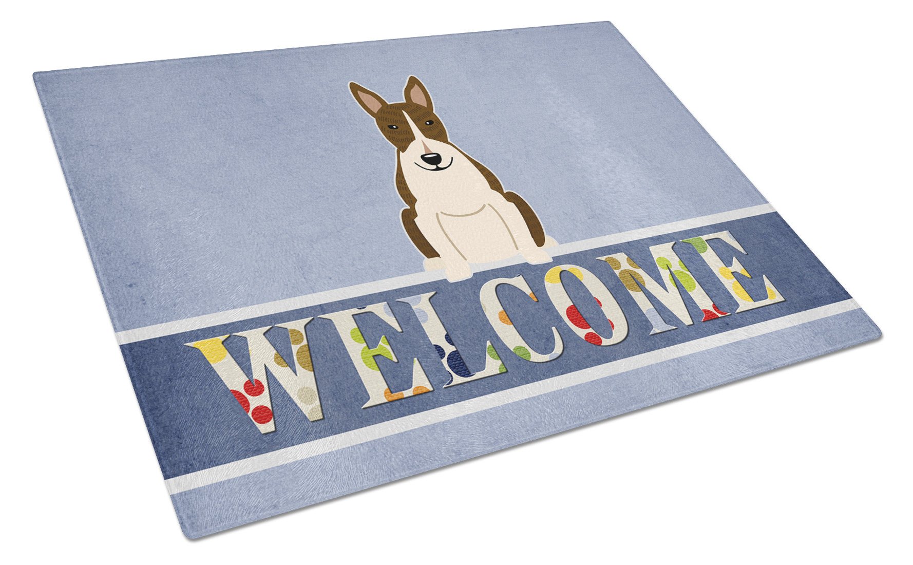 Bull Terrier Dark Brindle Welcome Cutting Board Tempered Glass Kitchen Cutting Surface, Heat Resistant Chopping, Non-Slip Feet, Food Prep & Serving