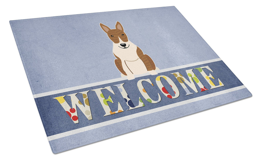 Bull Terrier Brindle Welcome Cutting Board Tempered Glass Kitchen Cutting Surface, Heat Resistant Chopping, Non-Slip Feet, Food Prep & Serving