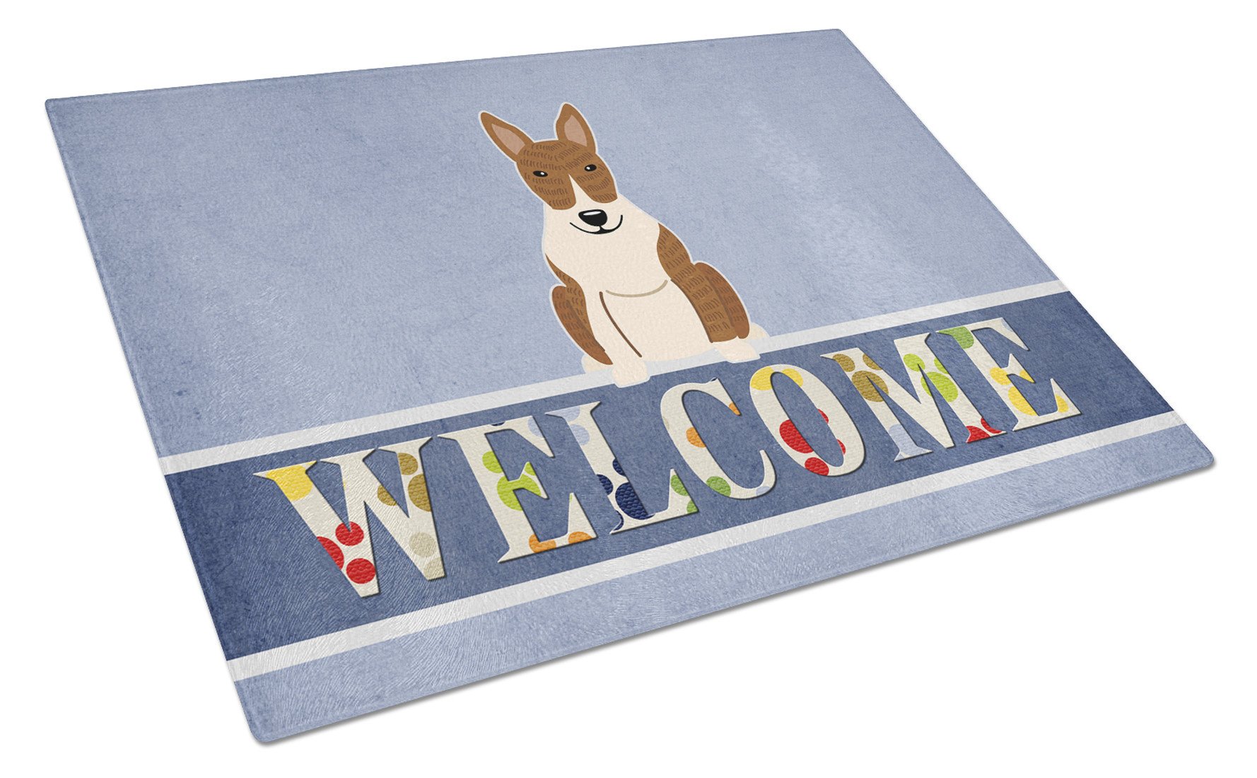 Bull Terrier Brindle Welcome Cutting Board Tempered Glass Kitchen Cutting Surface, Heat Resistant Chopping, Non-Slip Feet, Food Prep & Serving
