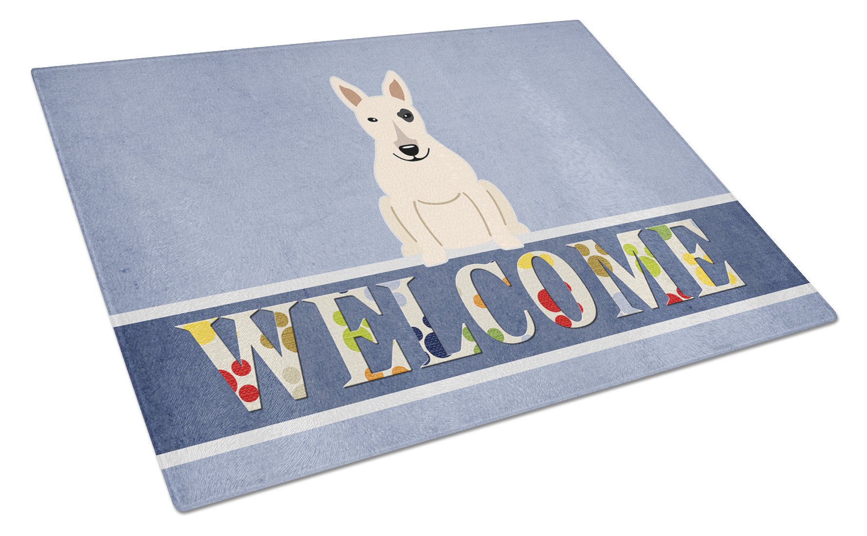 Bull Terrier White Welcome Cutting Board Tempered Glass Kitchen Cutting Surface, Heat Resistant Chopping, Non-Slip Feet, Food Prep & Serving