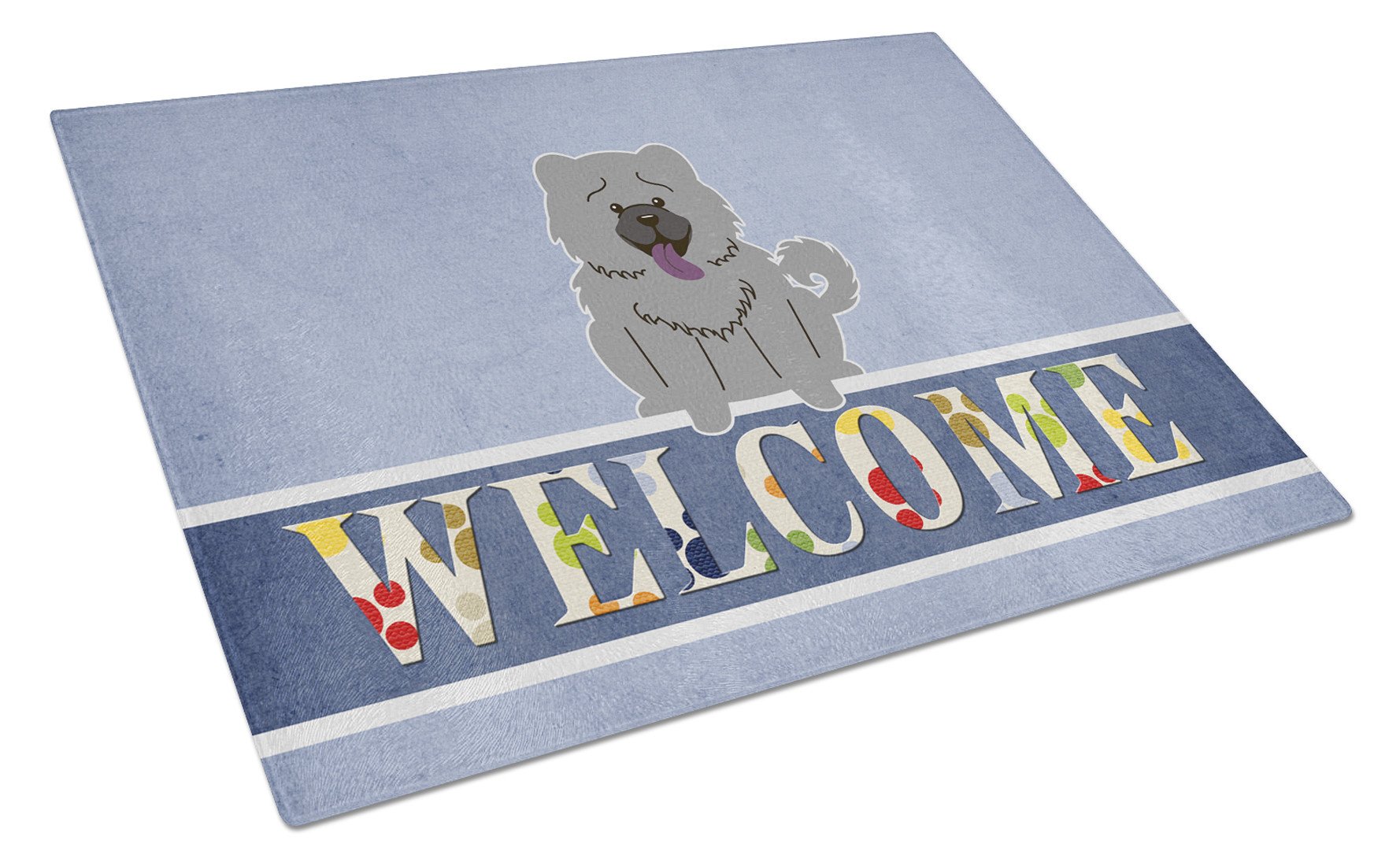Chow Chow Blue Welcome Cutting Board Tempered Glass Kitchen Cutting Surface, Heat Resistant Chopping, Non-Slip Feet, Food Prep & Serving