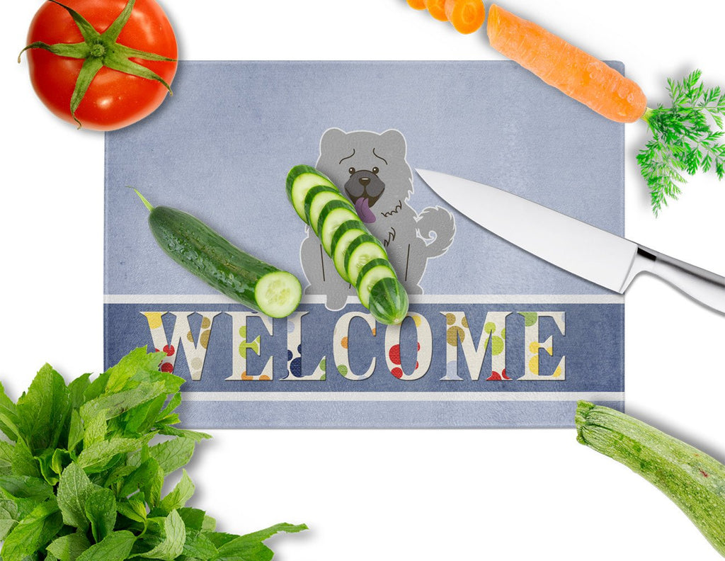 Chow Chow Blue Welcome Cutting Board Tempered Glass Kitchen Cutting Surface, Heat Resistant Chopping, Non-Slip Feet, Food Prep & Serving