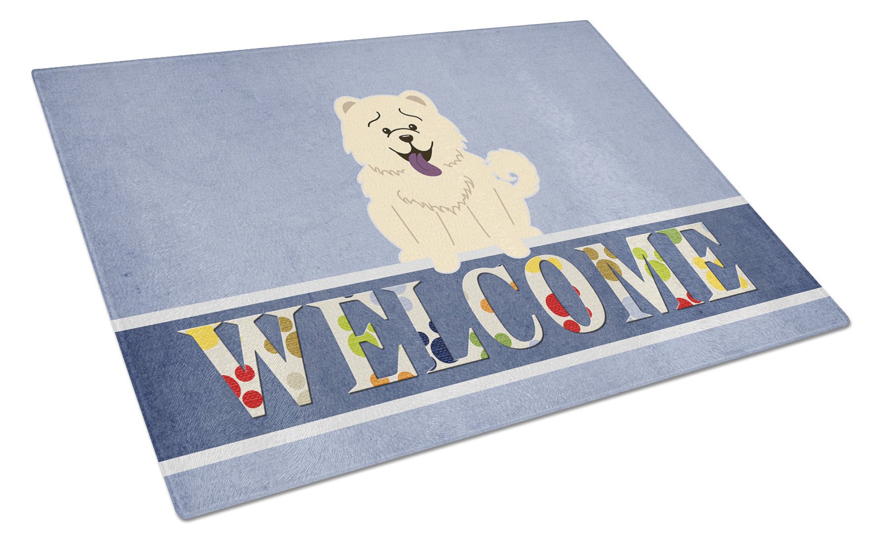 Chow Chow White Welcome Cutting Board Tempered Glass Kitchen Cutting Surface, Heat Resistant Chopping, Non-Slip Feet, Food Prep & Serving