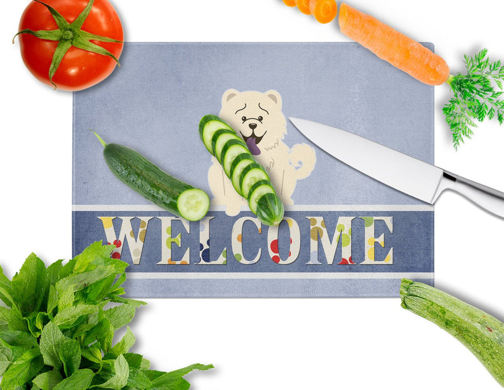 Chow Chow White Welcome Cutting Board Tempered Glass Kitchen Cutting Surface, Heat Resistant Chopping, Non-Slip Feet, Food Prep & Serving