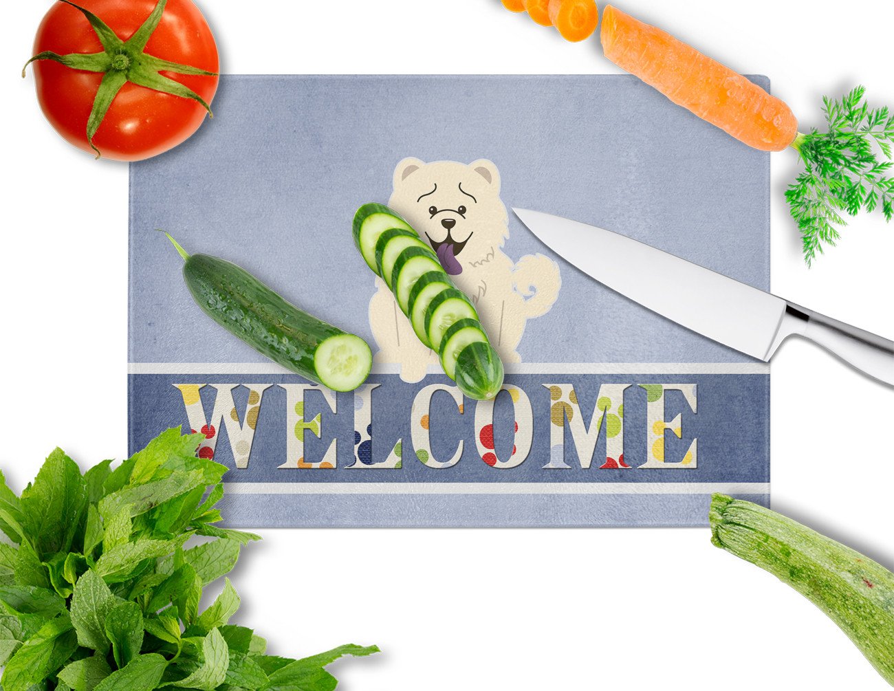 Chow Chow White Welcome Cutting Board Tempered Glass Kitchen Cutting Surface, Heat Resistant Chopping, Non-Slip Feet, Food Prep & Serving