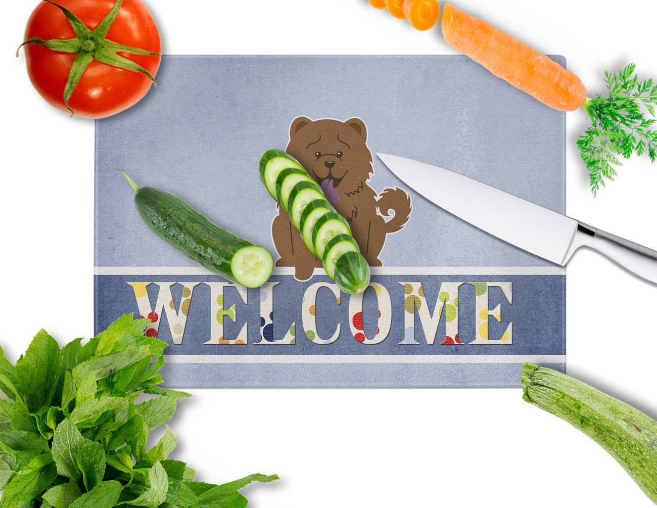 Chow Chow Chocolate Welcome Cutting Board Tempered Glass Kitchen Cutting Surface, Heat Resistant Chopping, Non-Slip Feet, Food Prep & Serving