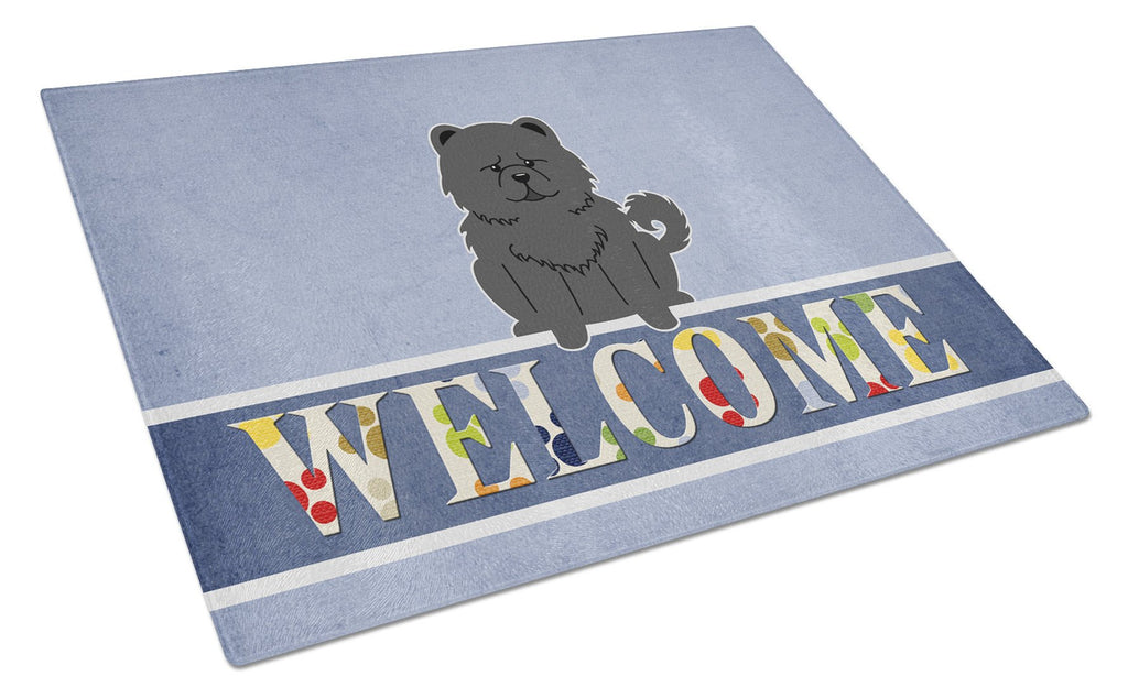 Chow Chow Black Welcome Cutting Board Tempered Glass Kitchen Cutting Surface, Heat Resistant Chopping, Non-Slip Feet, Food Prep & Serving
