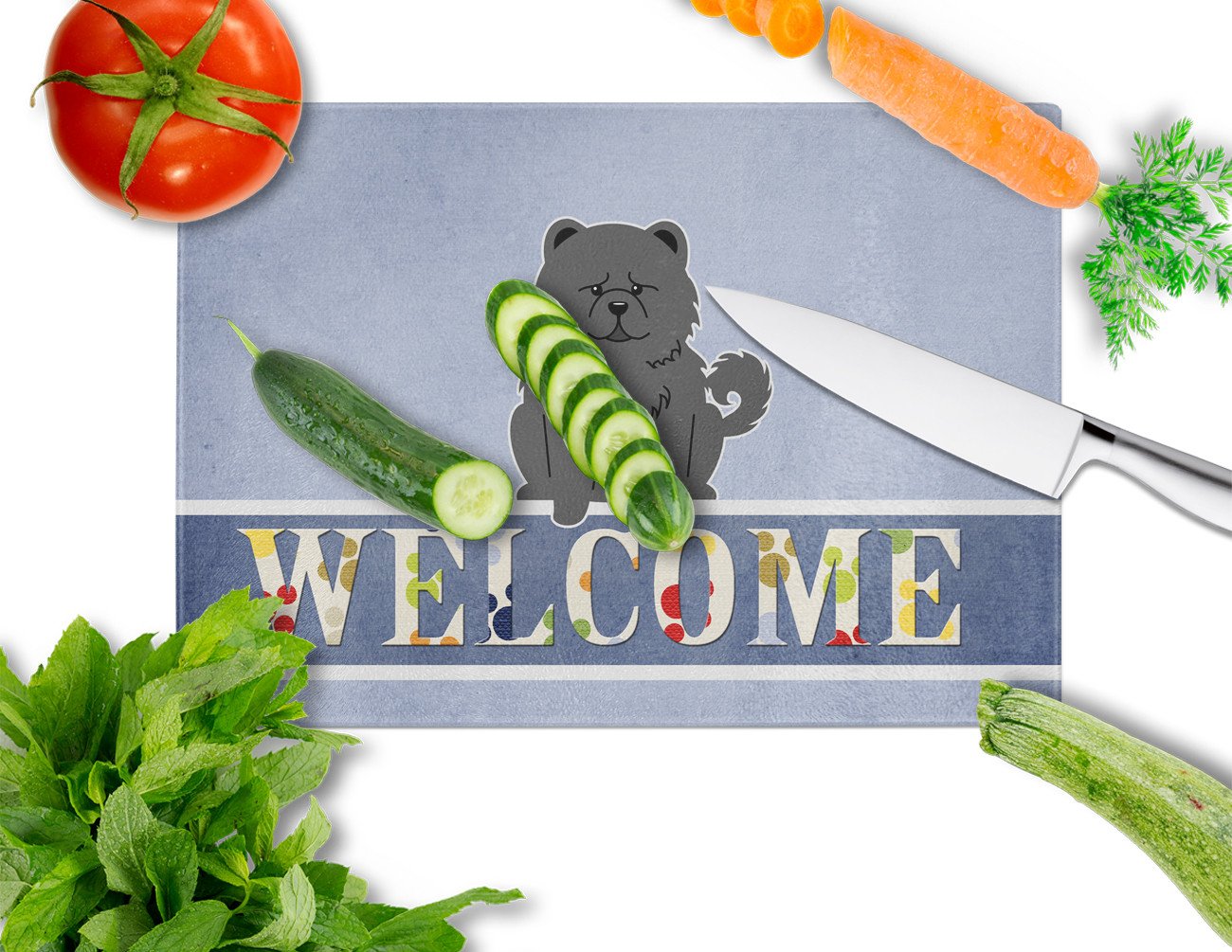 Chow Chow Black Welcome Cutting Board Tempered Glass Kitchen Cutting Surface, Heat Resistant Chopping, Non-Slip Feet, Food Prep & Serving