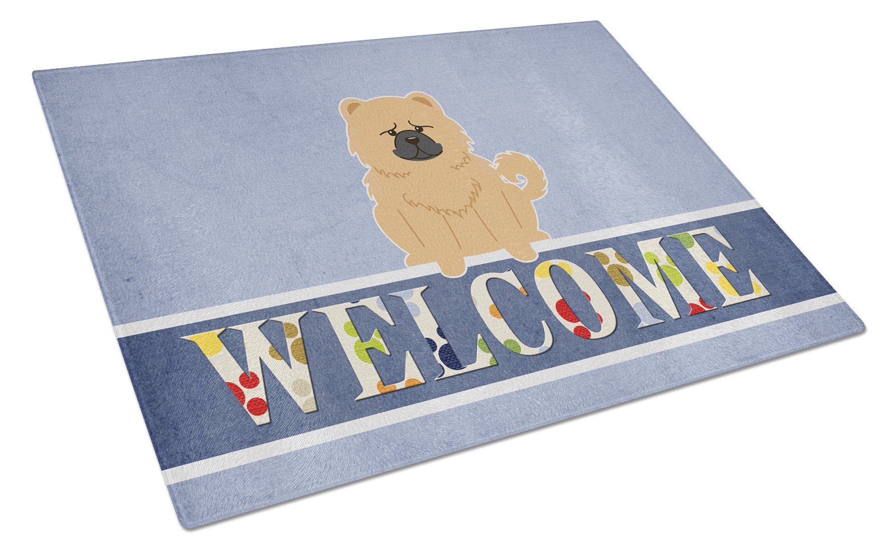 Chow Chow Cream Welcome Cutting Board Tempered Glass Kitchen Cutting Surface, Heat Resistant Chopping, Non-Slip Feet, Food Prep & Serving