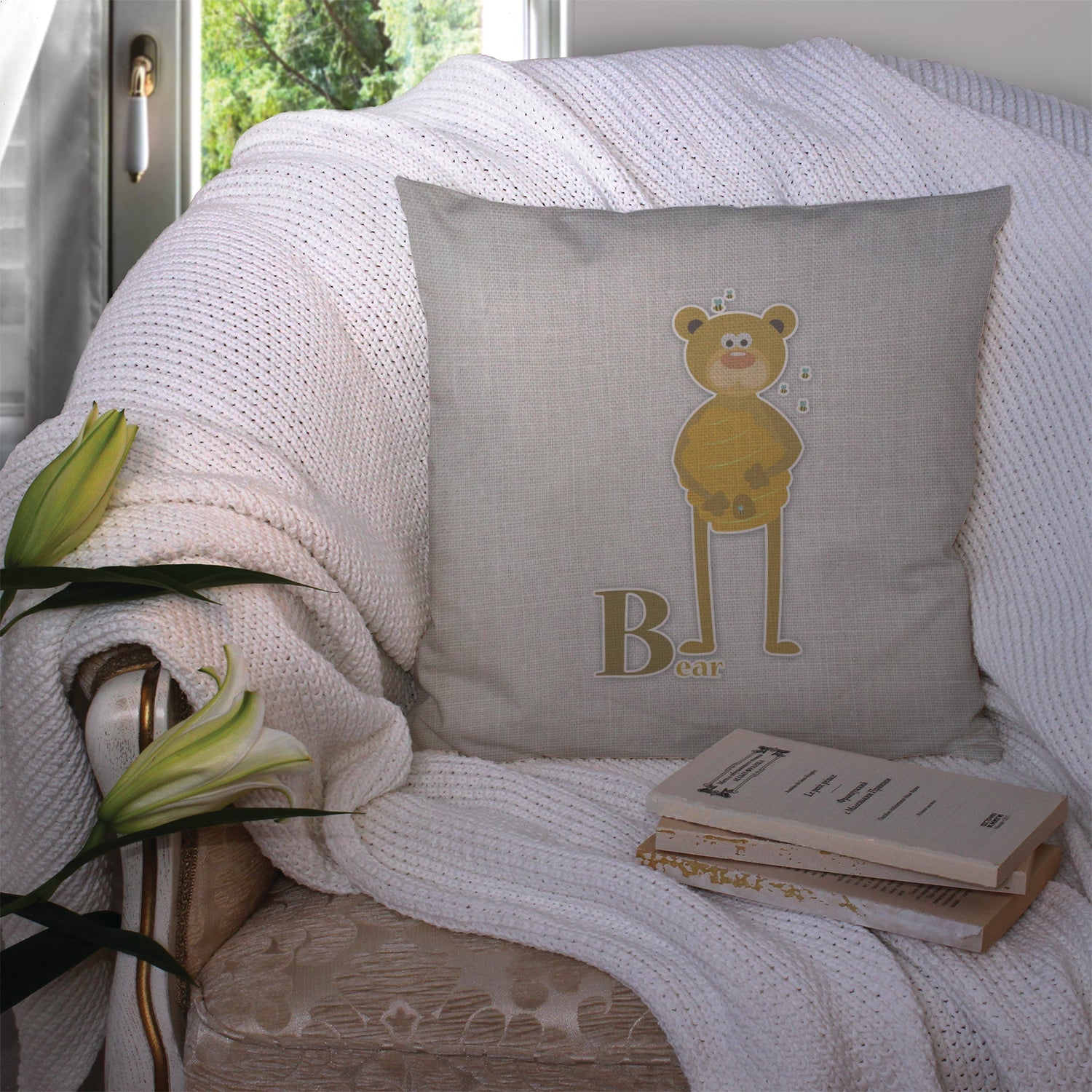 Alphabet B for Bear Decorative Throw Pillow 14x14 Indoor Outdoor Accent Cushion, Fabric Cover with Insert for Sofa, Bed, Porch & Living Room