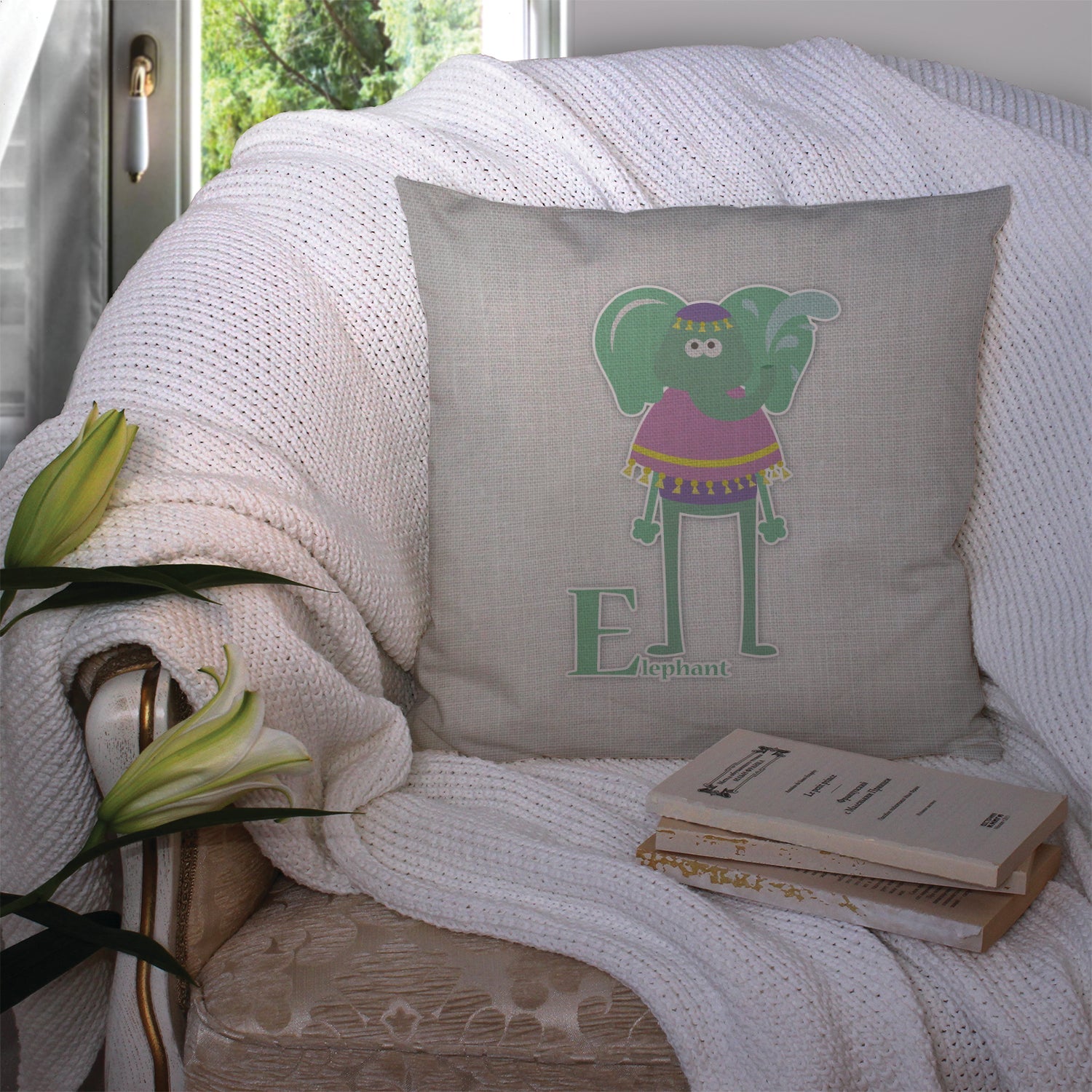 Alphabet E for Elephant Decorative Throw Pillow 14x14 Indoor Outdoor Accent Cushion, Fabric Cover with Insert for Sofa, Bed, Porch & Living Room