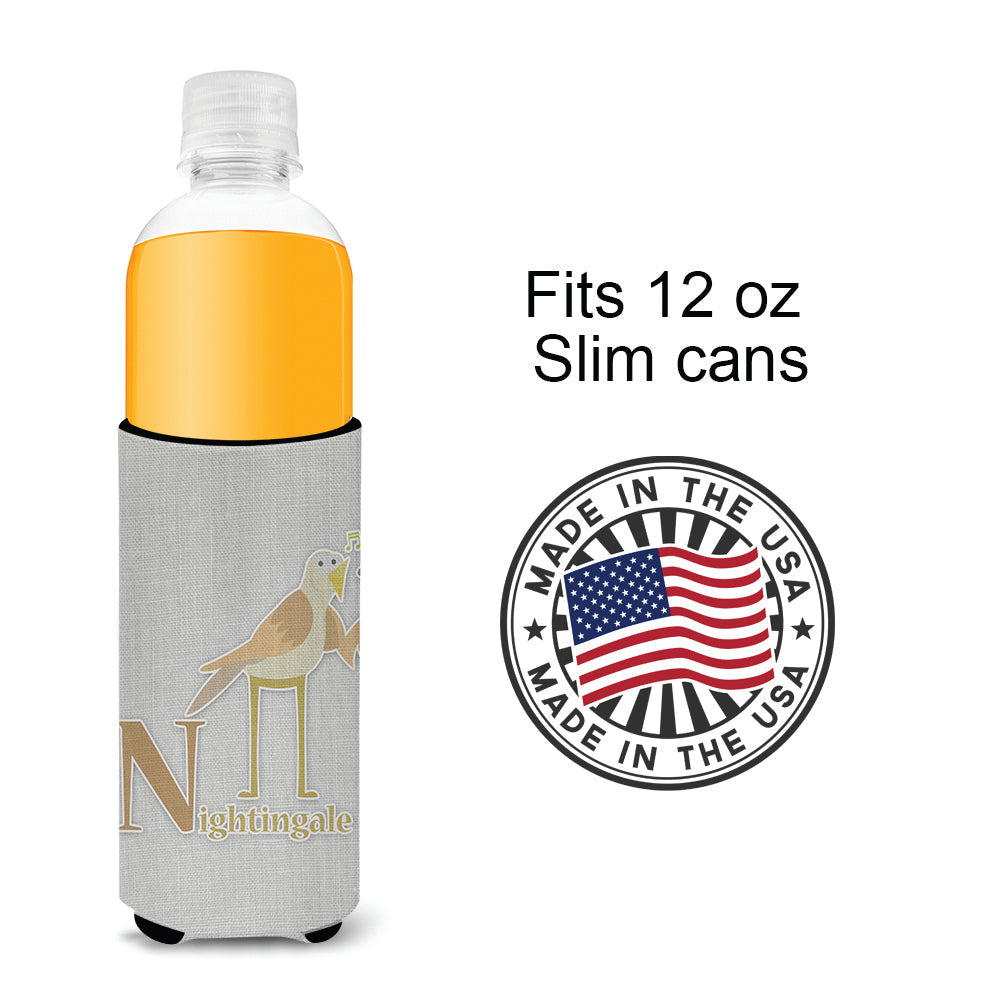 Alphabet N for Nightingale Slim Can Hugger , Insulated Foam Hugger for 12 oz Slim Cans, Beer Bottles & Water Bottles, Printed in USA
