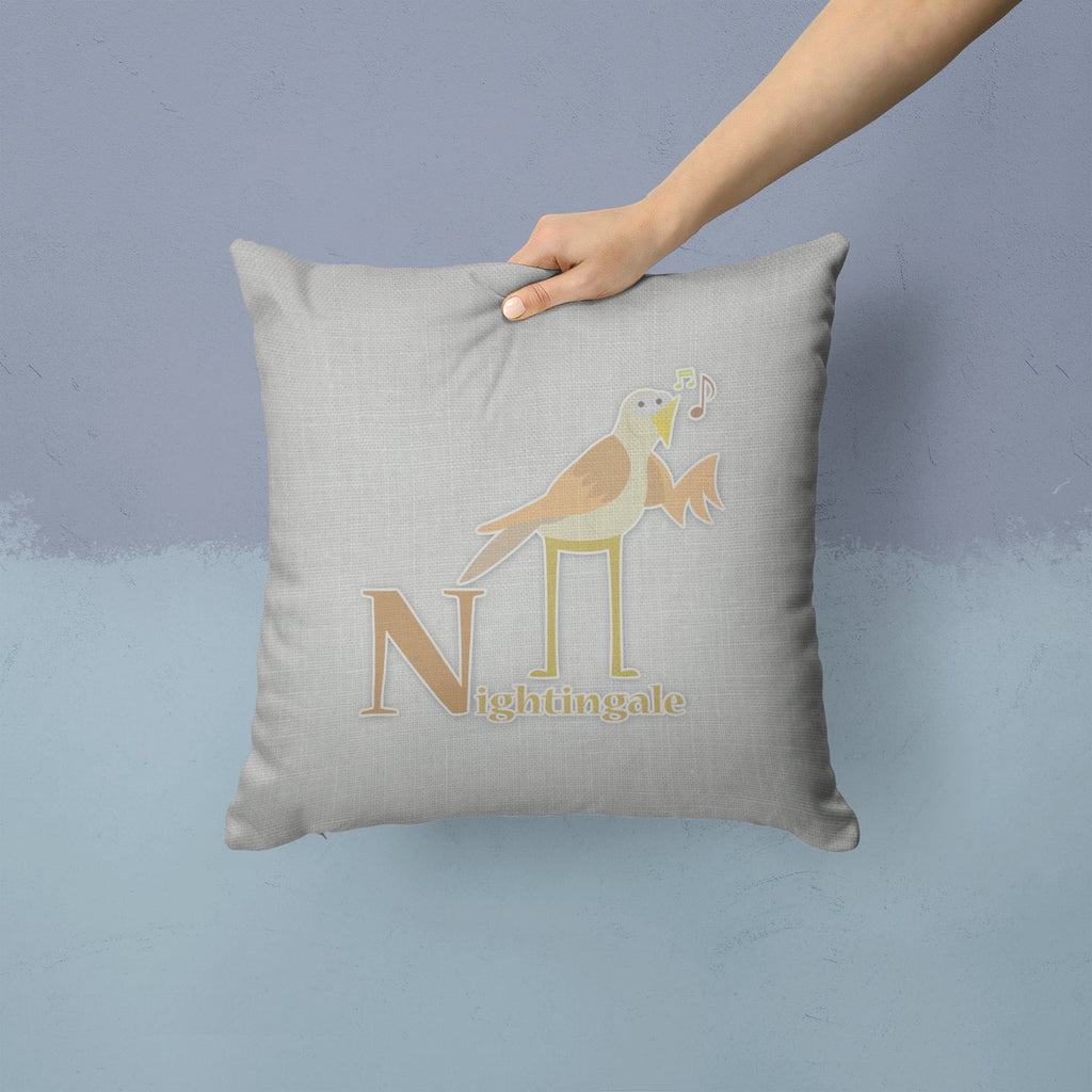 Alphabet N for Nightingale Decorative Throw Pillow 14x14 Indoor Outdoor Accent Cushion, Fabric Cover with Insert for Sofa, Bed, Porch & Living Room