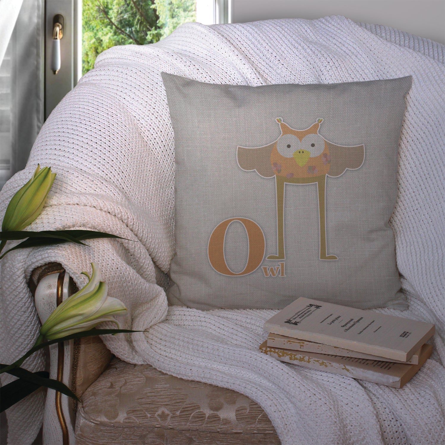 Alphabet O for Owl Decorative Throw Pillow 14x14 Indoor Outdoor Accent Cushion, Fabric Cover with Insert for Sofa, Bed, Porch & Living Room