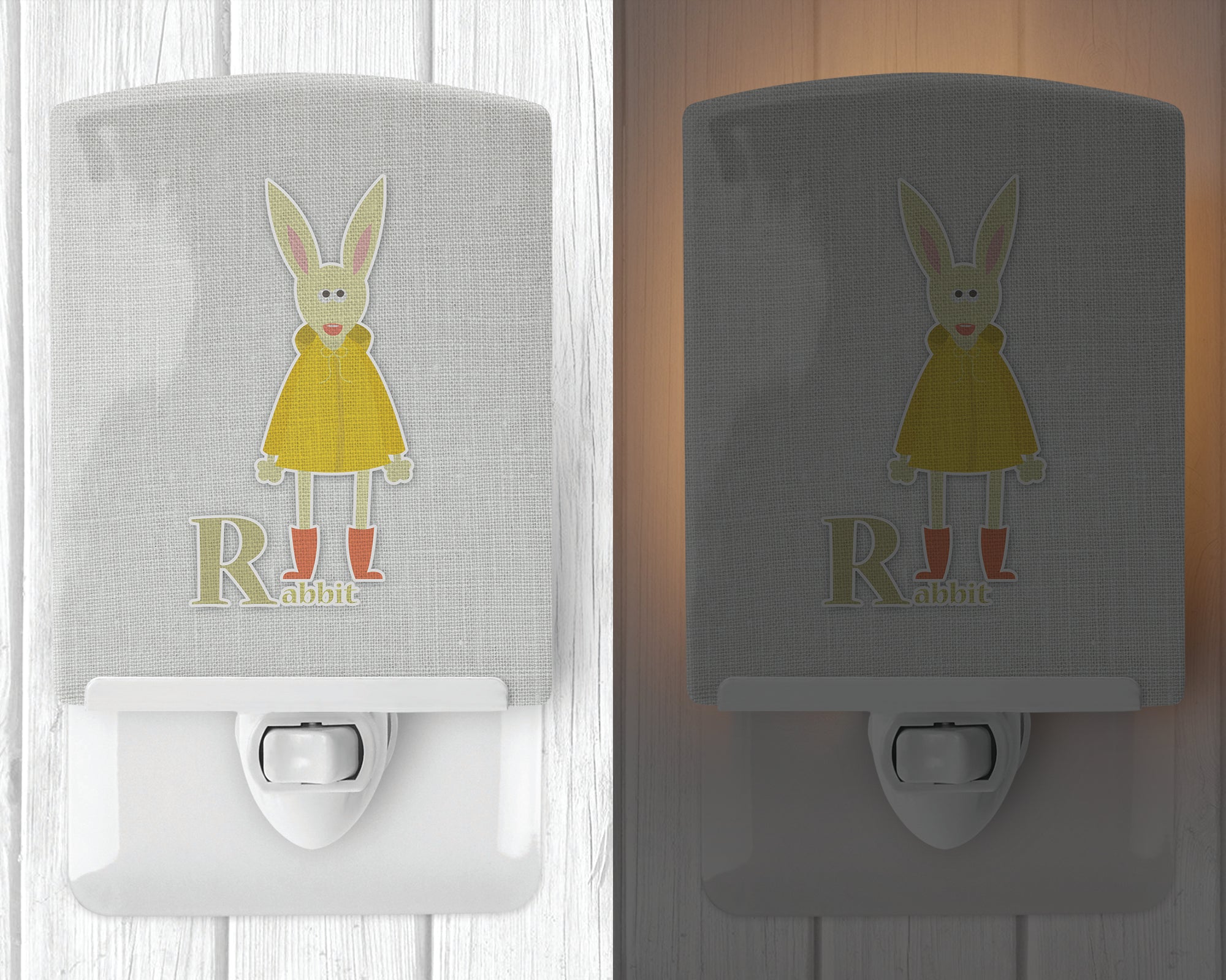Alphabet R for Rabbit Ceramic Night Light Compact, UL-Certified, Ideal for Bedroom, Bathroom, Nursery, Hallway, Kitchen, 6x4x3, Multicolor