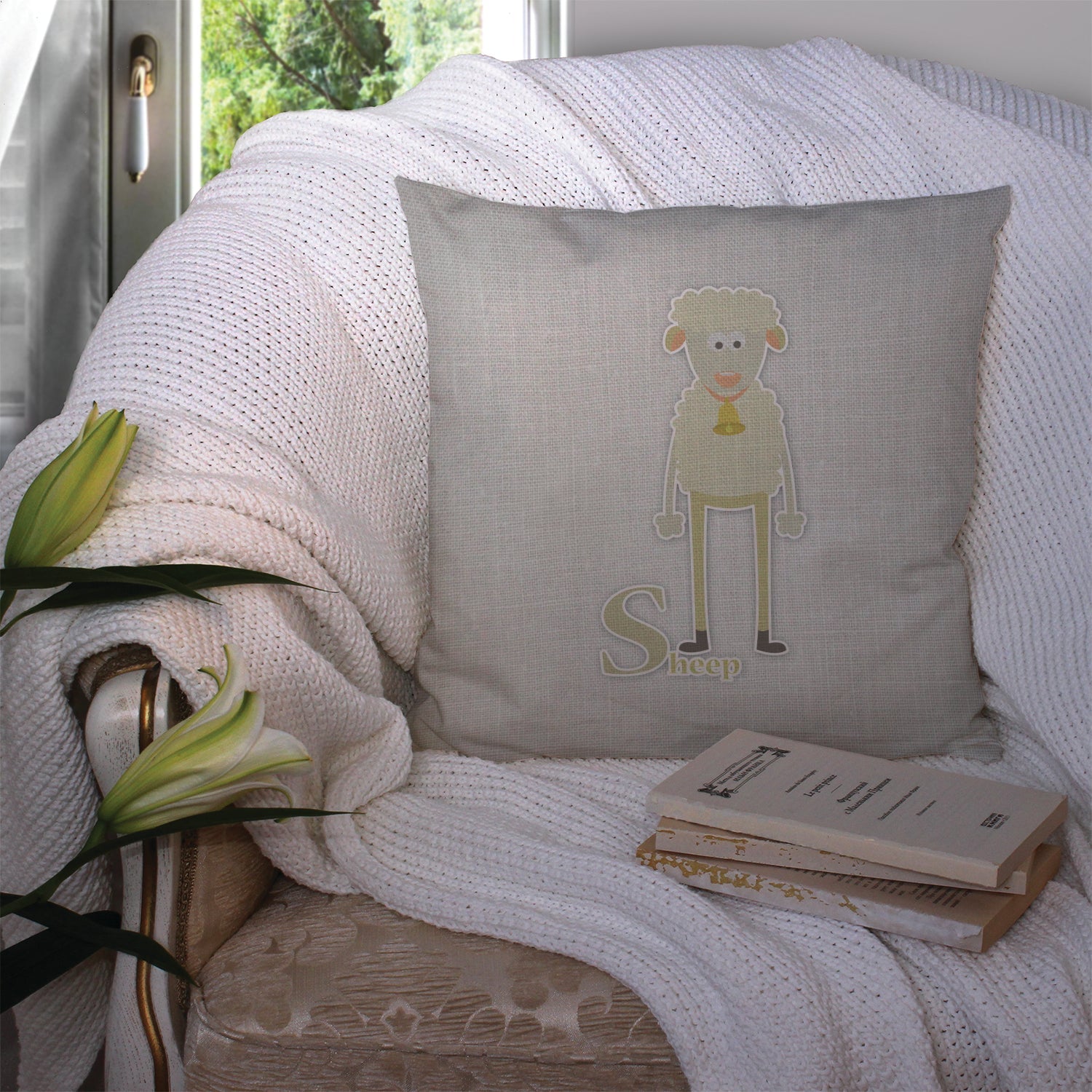 Alphabet S for Sheep Decorative Throw Pillow 14x14 Indoor Outdoor Accent Cushion, Fabric Cover with Insert for Sofa, Bed, Porch & Living Room