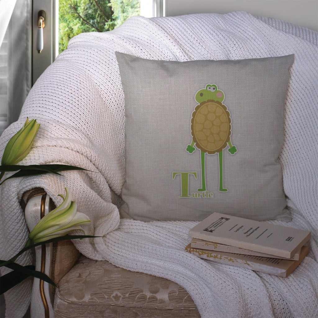 Alphabet T for Turtle Decorative Throw Pillow 14x14 Indoor Outdoor Accent Cushion, Fabric Cover with Insert for Sofa, Bed, Porch & Living Room