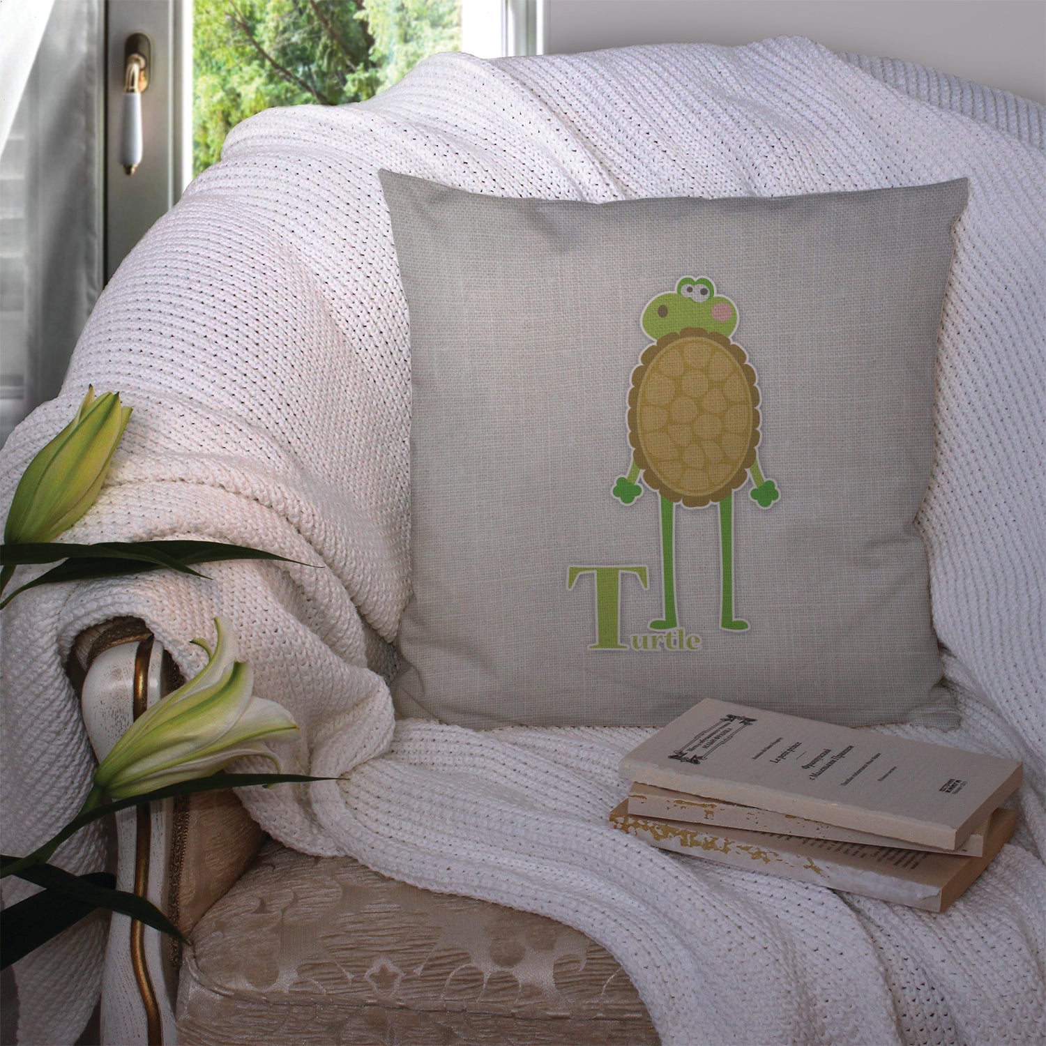 Alphabet T for Turtle Decorative Throw Pillow 14x14 Indoor Outdoor Accent Cushion, Fabric Cover with Insert for Sofa, Bed, Porch & Living Room