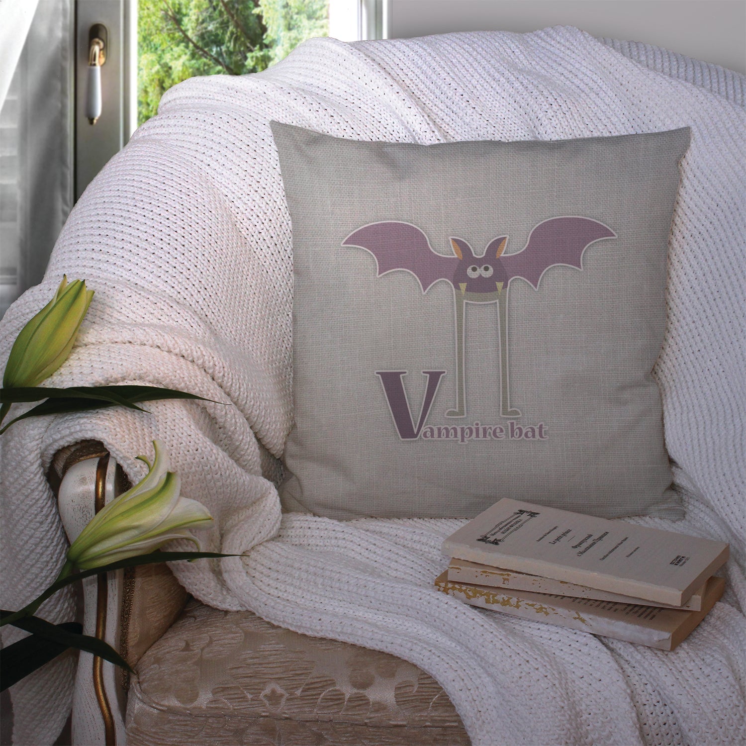 Alphabet V for Vampire Bat Decorative Throw Pillow 14x14 Indoor Outdoor Accent Cushion, Fabric Cover with Insert for Sofa, Bed, Porch & Living Room